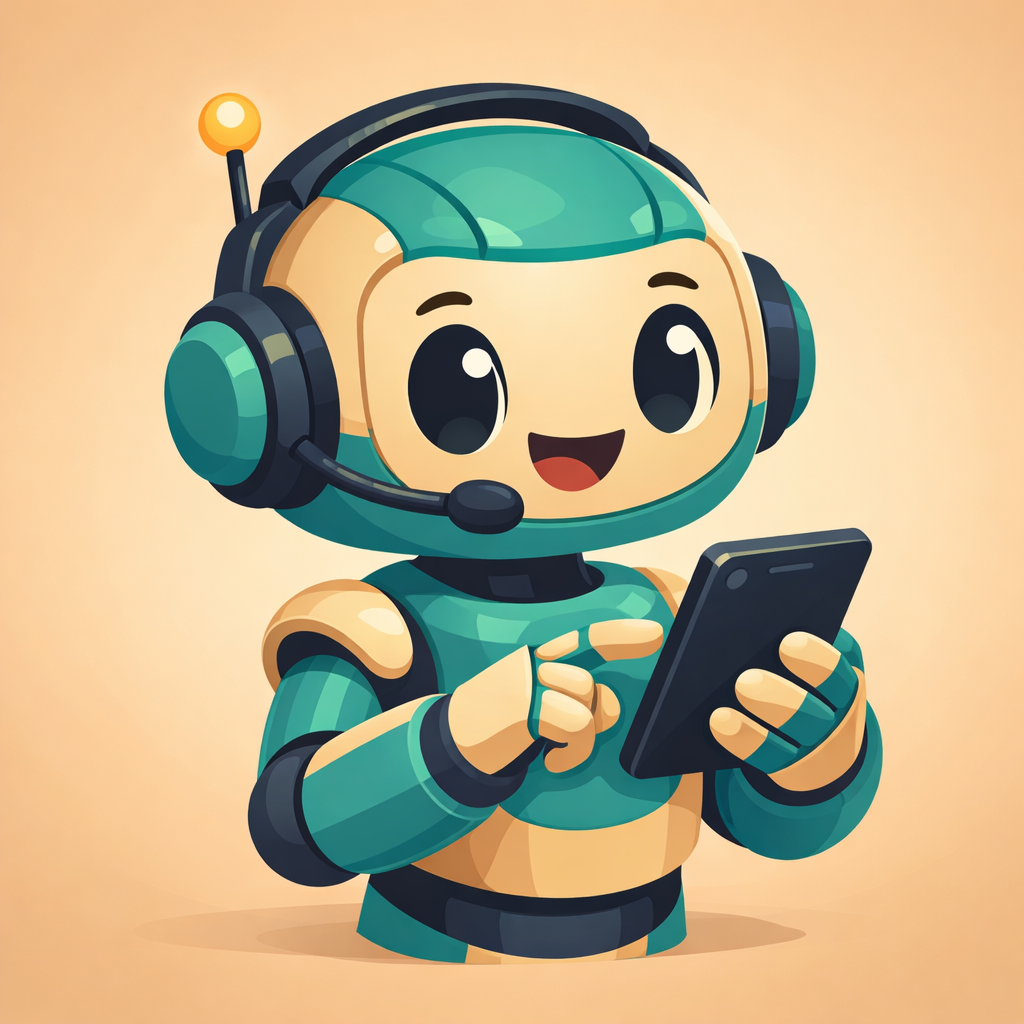 Vox, the CallForMe robot assistant, holding a smartphone and wearing a headset — friendly and approachable with teal and beige coloring