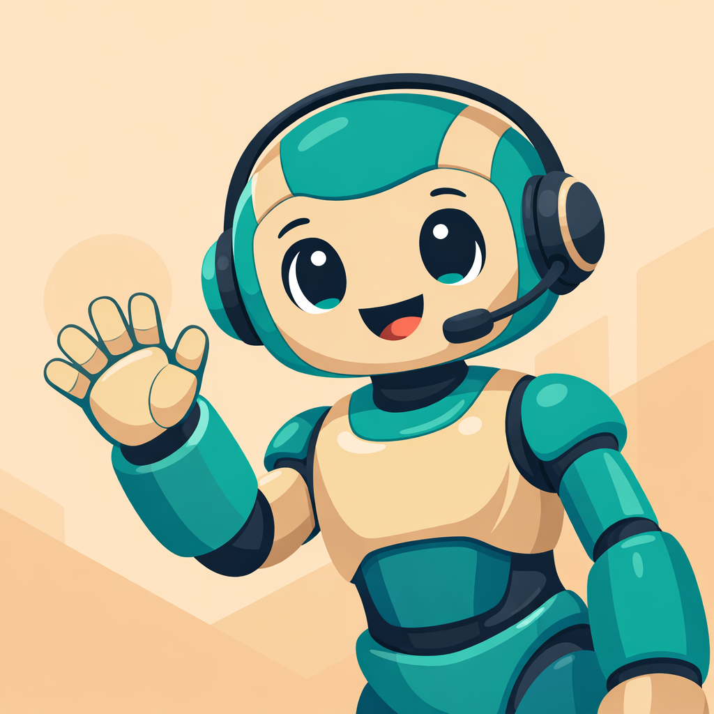 Vox the robot assistant waving hello, wearing a headset — warm and friendly character illustration